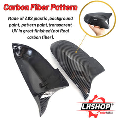 QLHShop carbon fiber mirror-cap close-up shows premium weave and UV coat.