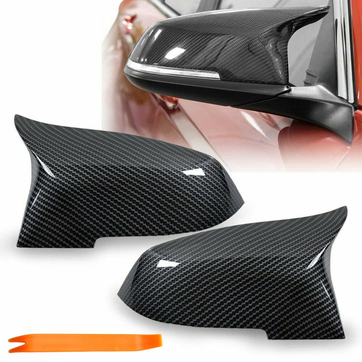 QLHShop M Sport carbon fiber mirror cap left with gloss finish protects BMW from debris.