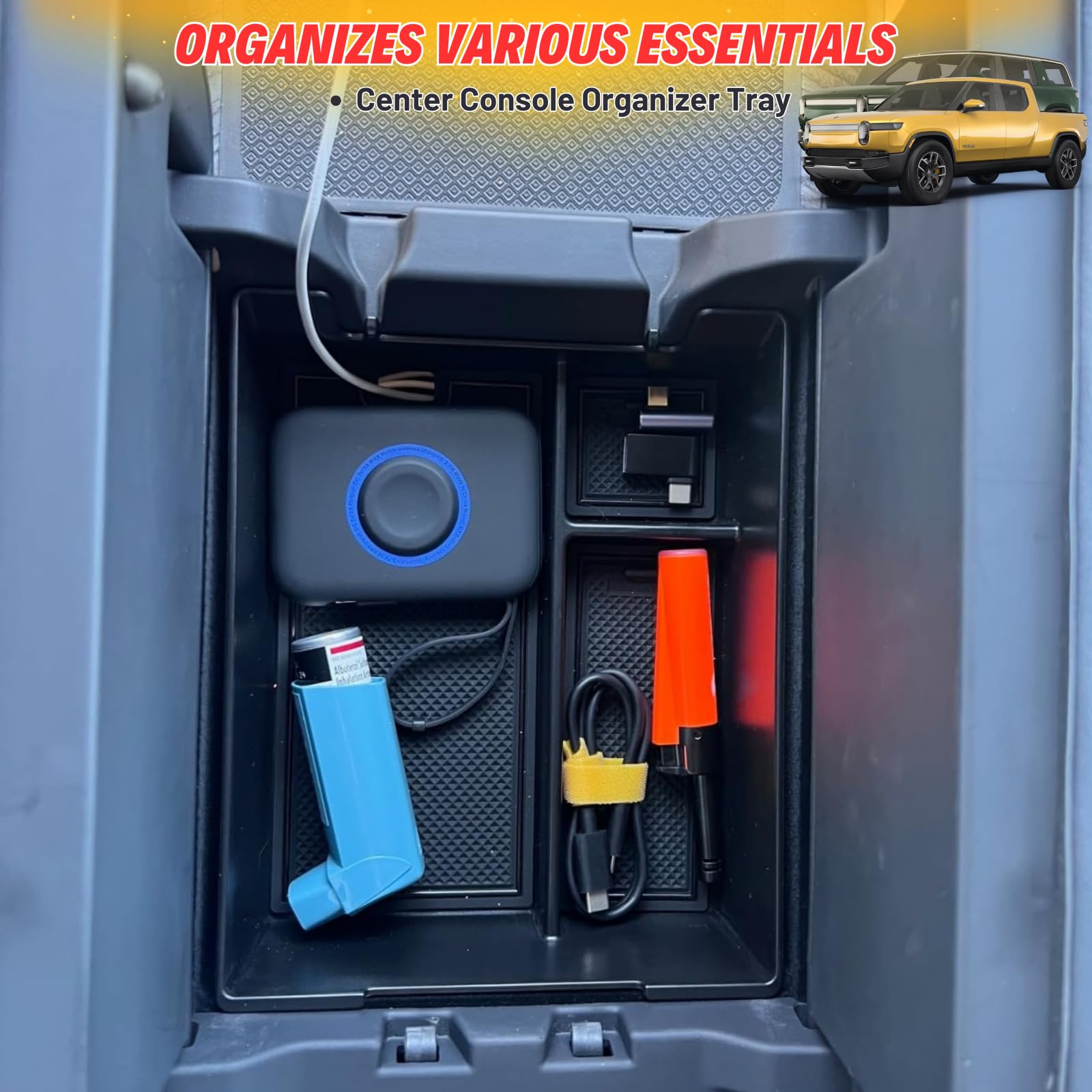 Qlhshop Rivian R1S cup holder tray securely fits drinks during drives.