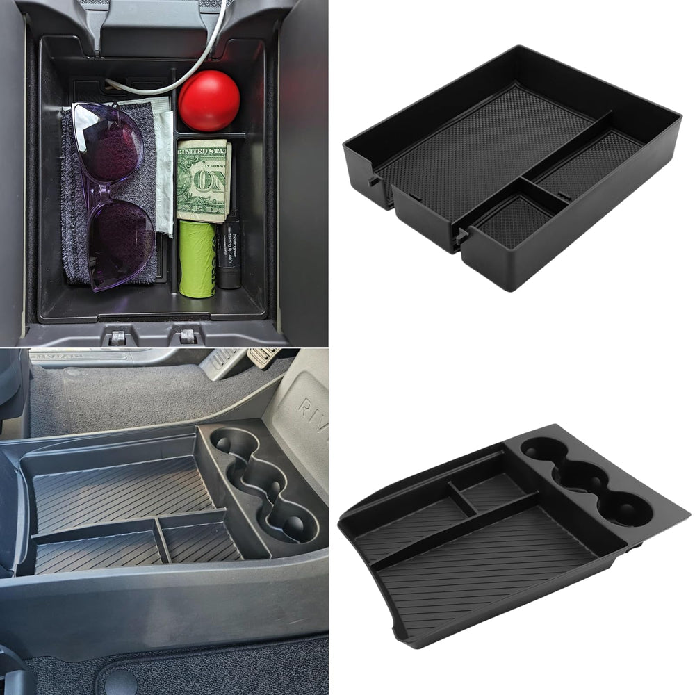 Qlhshop Rivian R1S lower center console tray keeps essentials within easy reach.