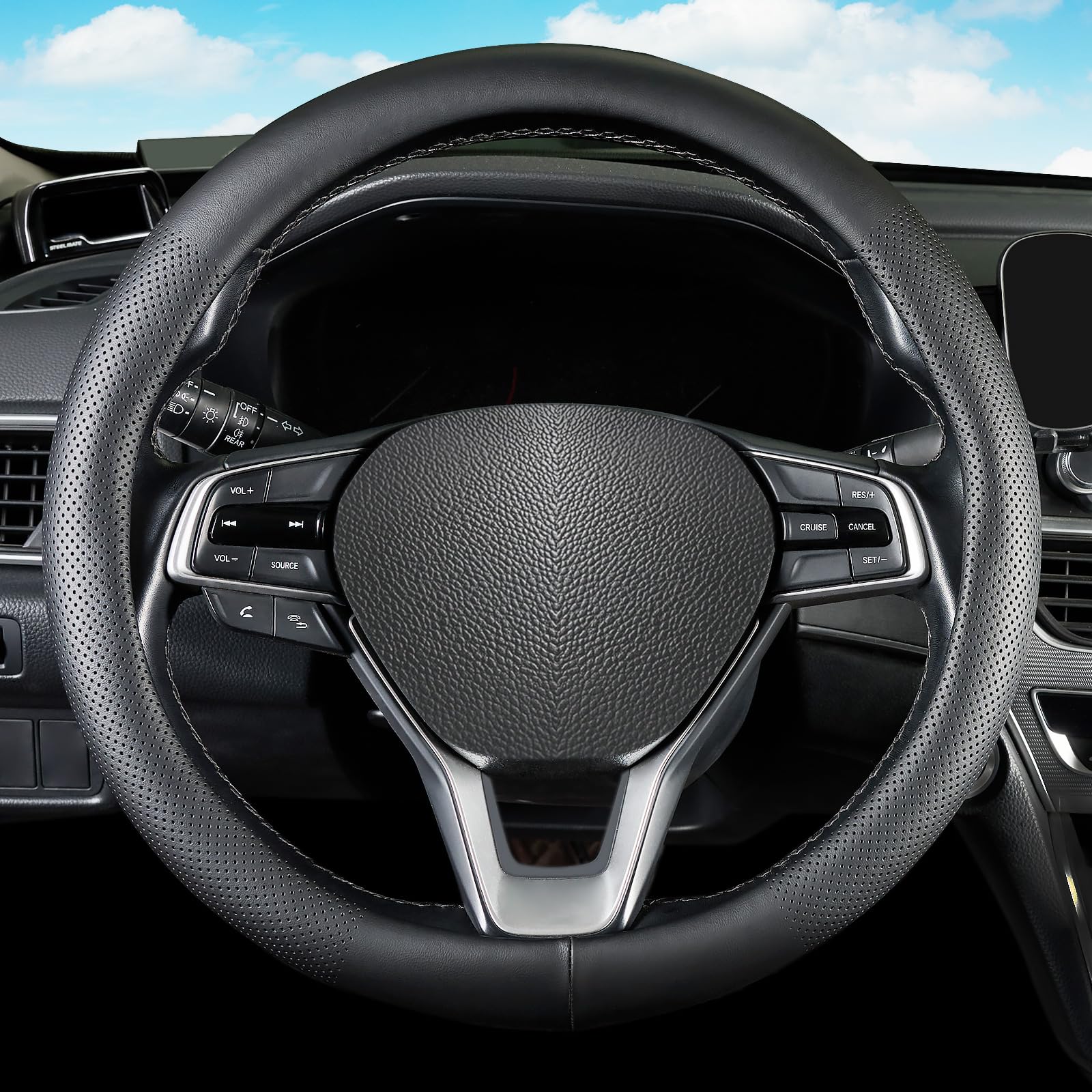 QLLUYTR steering wheel cover for Honda fits 14.5–15 inches, adds refreshed grip and style.