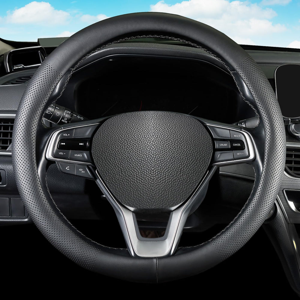 QLLUYTR steering wheel cover for Honda fits 14.5–15 inches, adds refreshed grip and style.