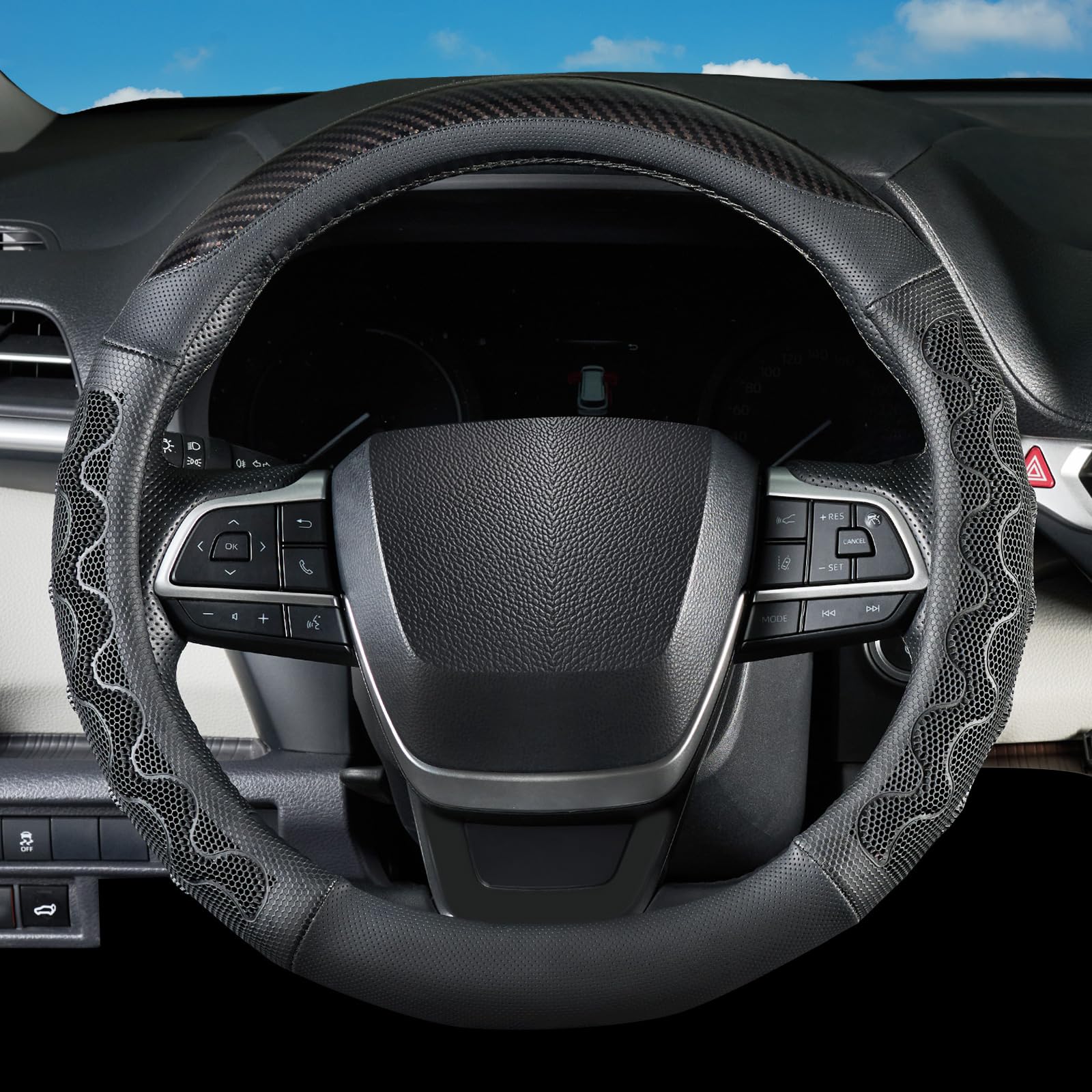 QLLUYTR steering wheel cover for Toyota Camry front view improves grip and luxury feel.