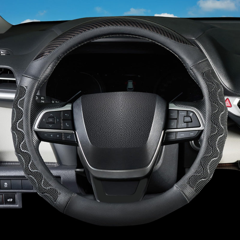 QLLUYTR steering wheel cover for Toyota Camry front view improves grip and luxury feel.