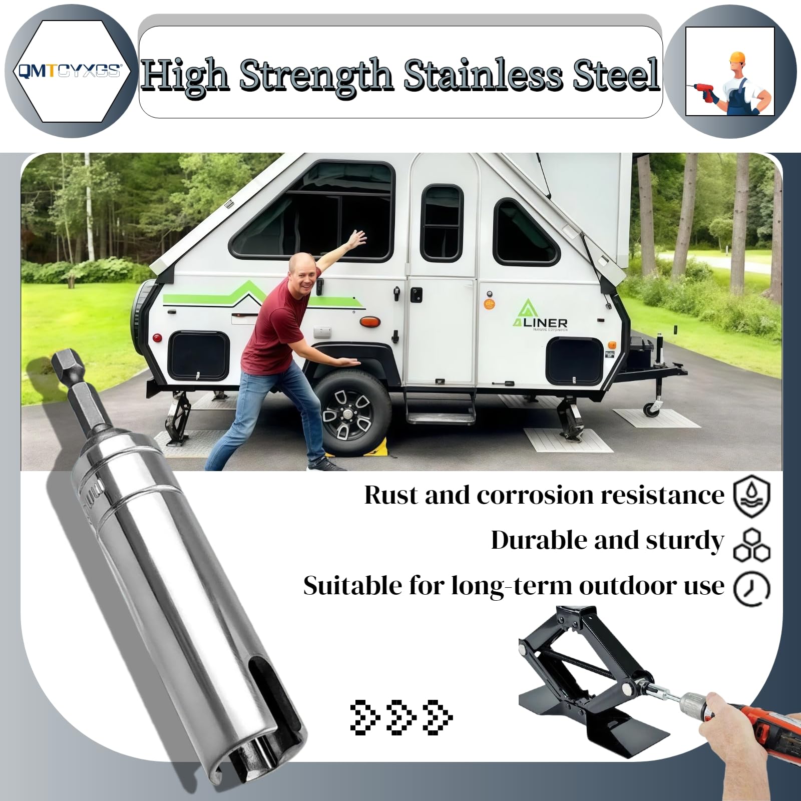 QMTCYXGS Universal compatibility fits most manual scissor jacks and C-jacks.