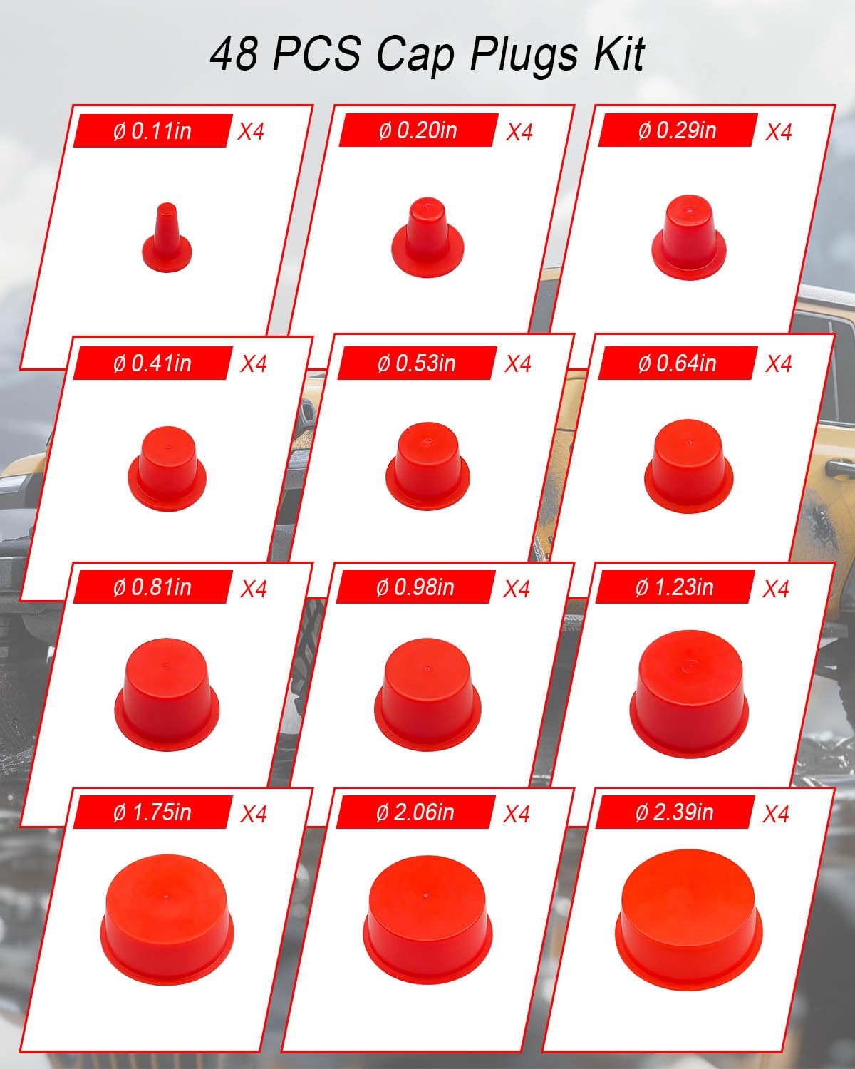 Qnbes cap plugs size range image shows 0.11 to 2.39 inches