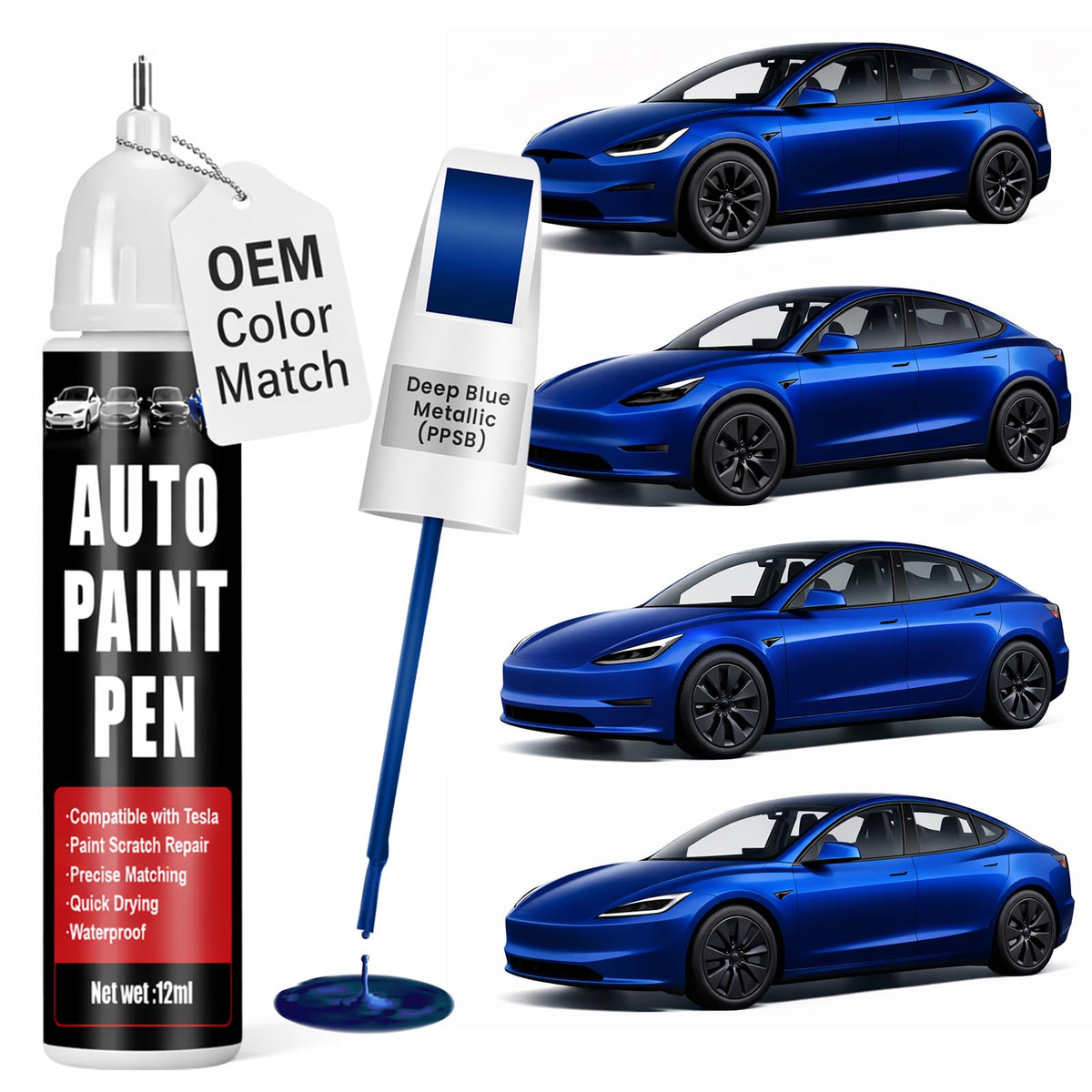 Qnofuit Deep Blue PPSB touch up paint on Tesla Model Y scratch for seamless color blend
