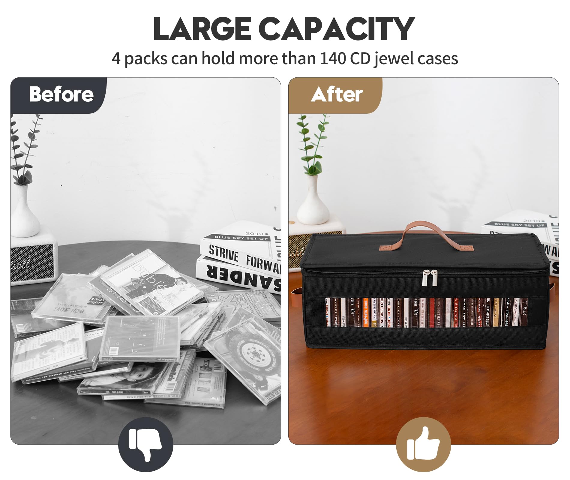 Qozary CD storage box features reinforced fabric and sturdy construction.