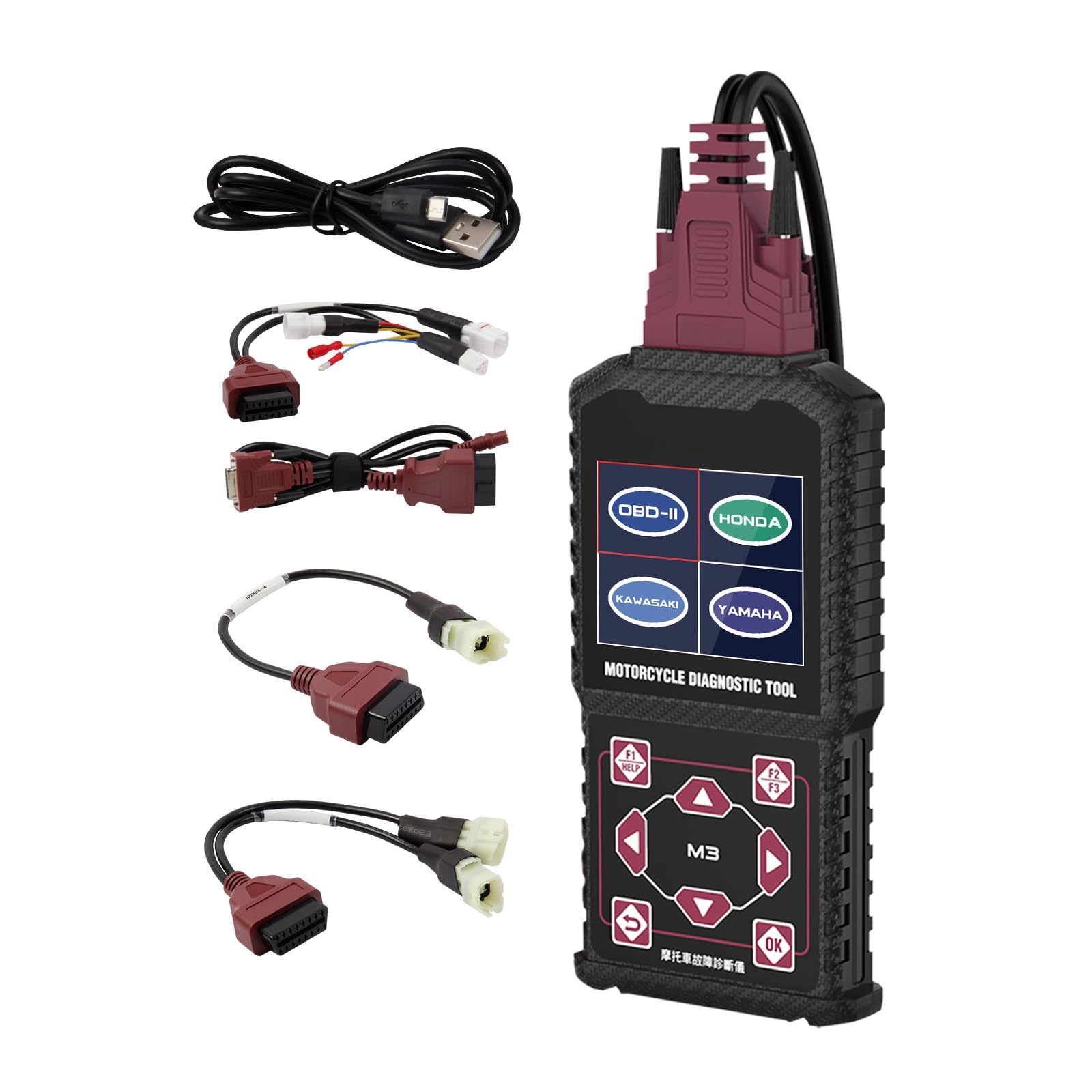 QPKING M3-A compatible ports for Honda, Kawasaki, Yamaha enable comprehensive motorcycle diagnostics.