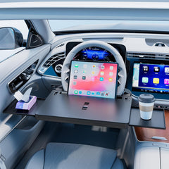 QRabbit 2in1 extendable steering wheel tray offering hands-free meals and laptop surface