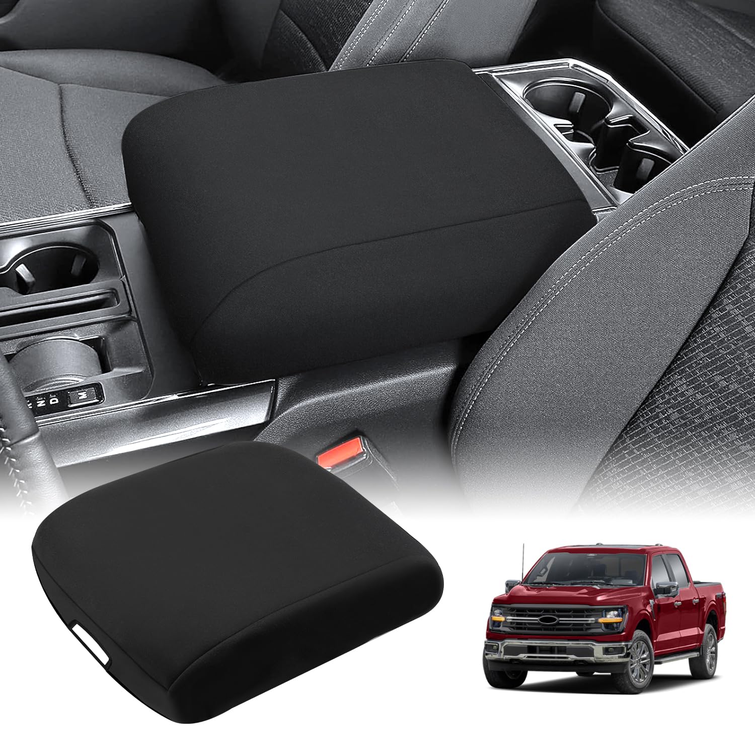 QSYPSS F-150 center console cover front view shows neoprene protection for the armrest