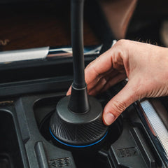 Quad Lock cup holder gooseneck arm offers flexible viewing angles.