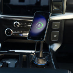 Quad Lock cup holder in-car installation shows tool-free setup.