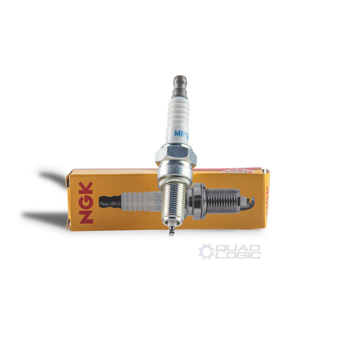 Quad Logic NGK MR9F spark plug close-up for UTV, OEM-grade replacement for smoother ignition.