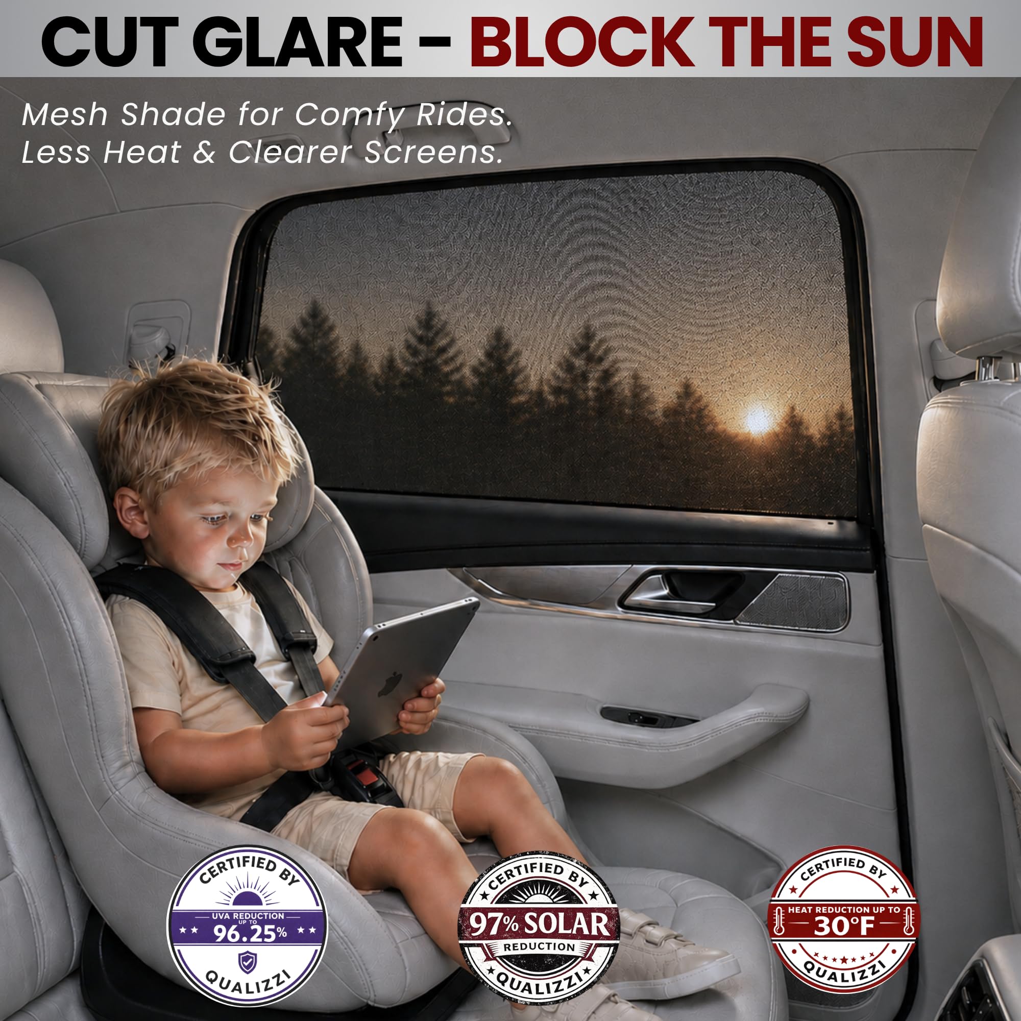 Qualizzi L/Car Shades being installed on a baby’s backseat window