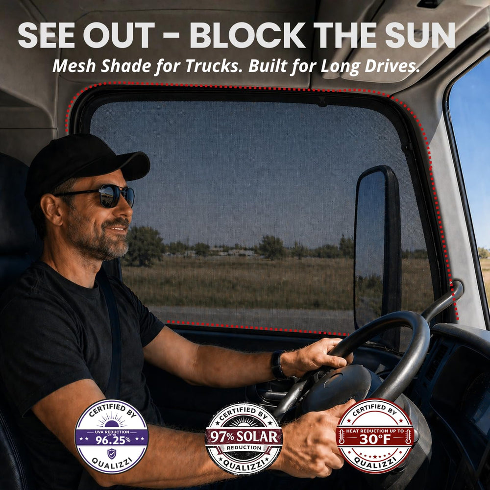 Qualizzi XXXXL truck sun shade rear view demonstrates full coverage on back window.