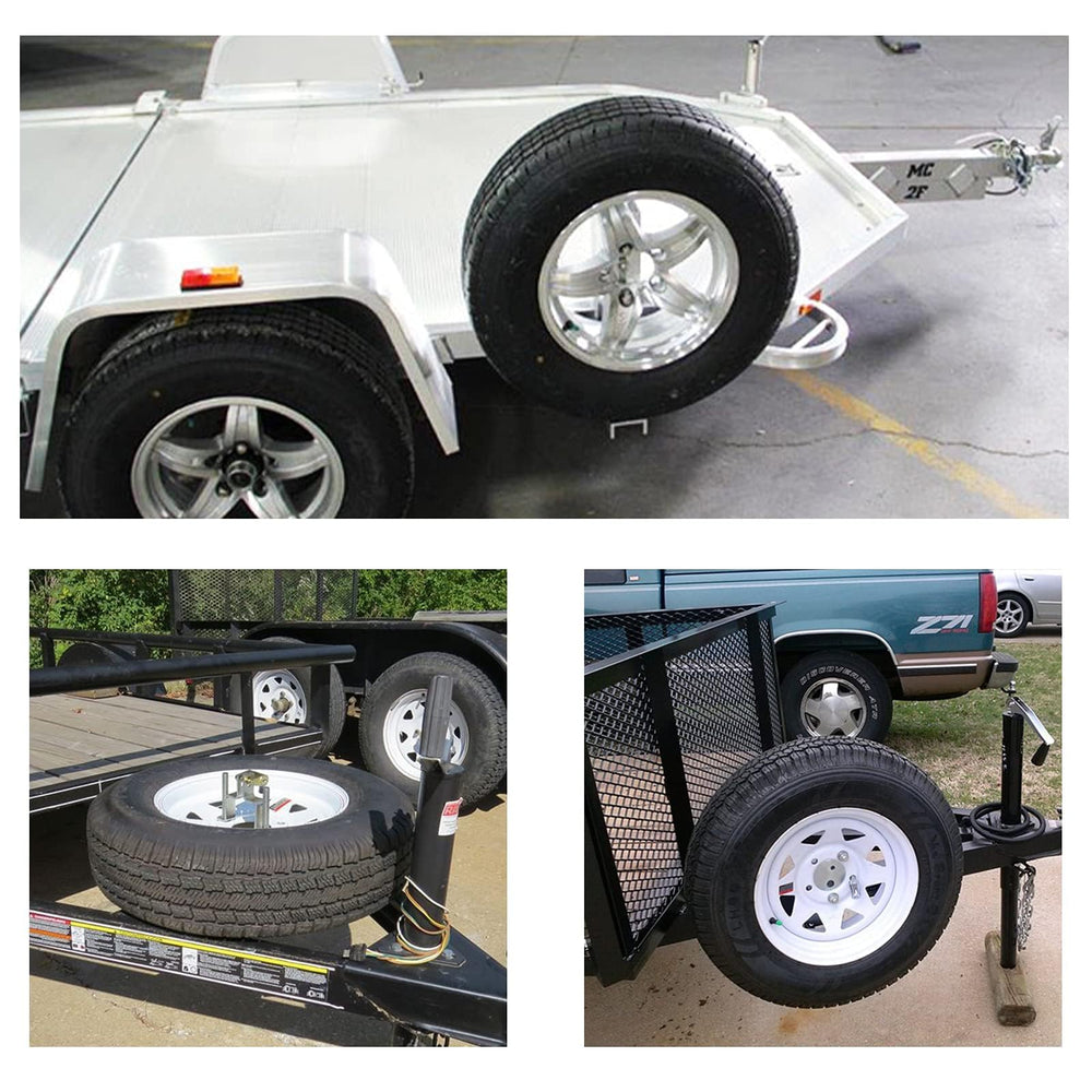 Qualward spare tire mount installed on trailer frame in use.
