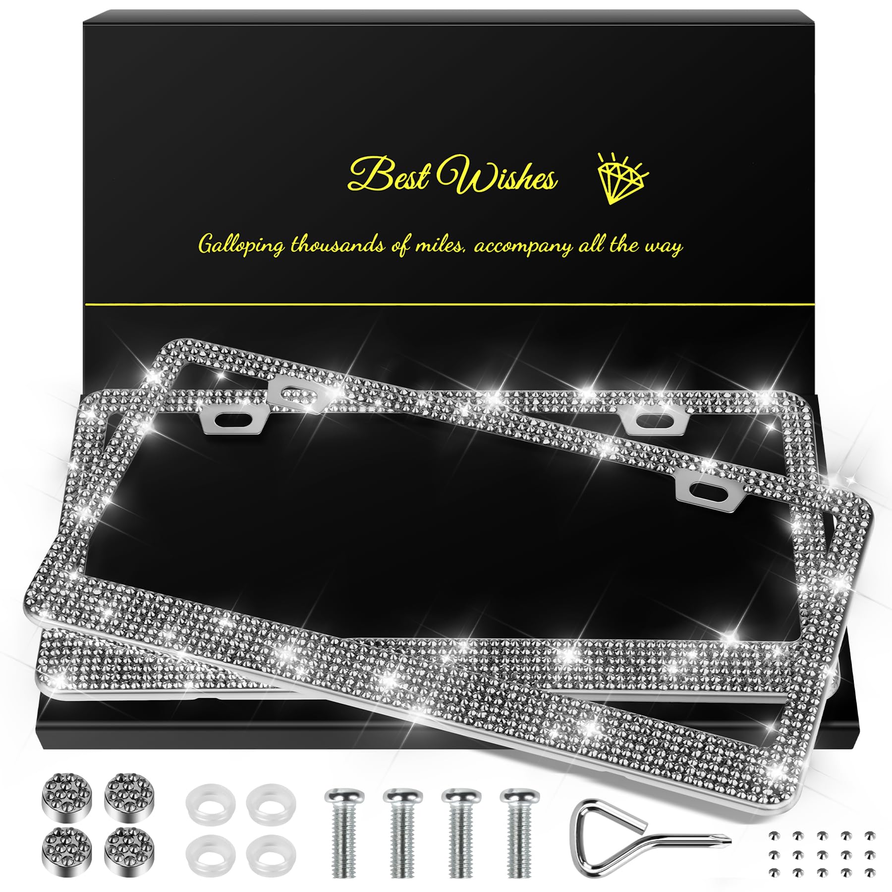 Quanqiufei bling license frame gilded black closeup showing sparkling rhinestones for luxury style.