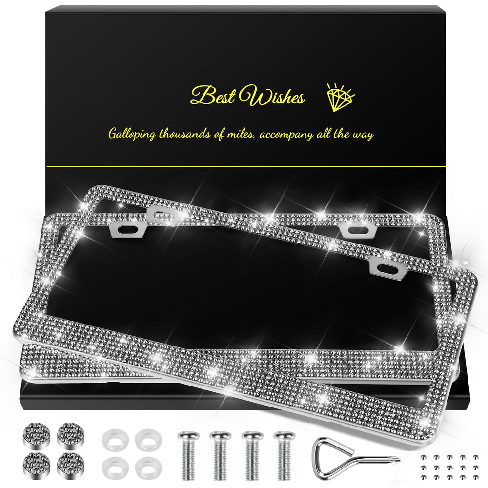 Quanqiufei bling license frame gilded black closeup showing sparkling rhinestones for luxury style.