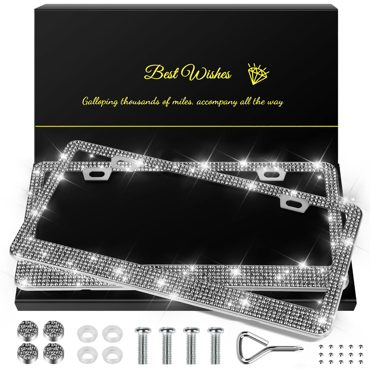 Quanqiufei bling license frame gilded black closeup showing sparkling rhinestones for luxury style.