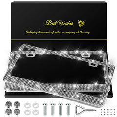 Quanqiufei bling license frame gilded black closeup showing sparkling rhinestones for luxury style.