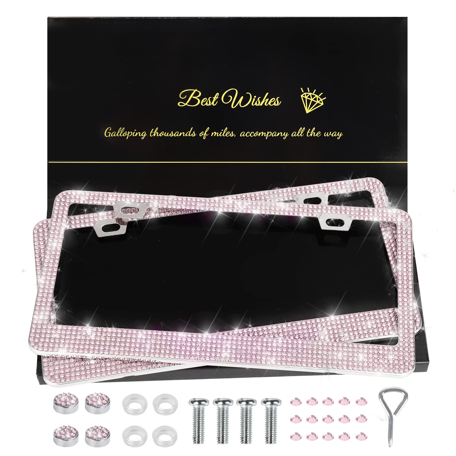 QUANQIUFEI pink bling license frame close-up with rhinestones for radiant sparkle