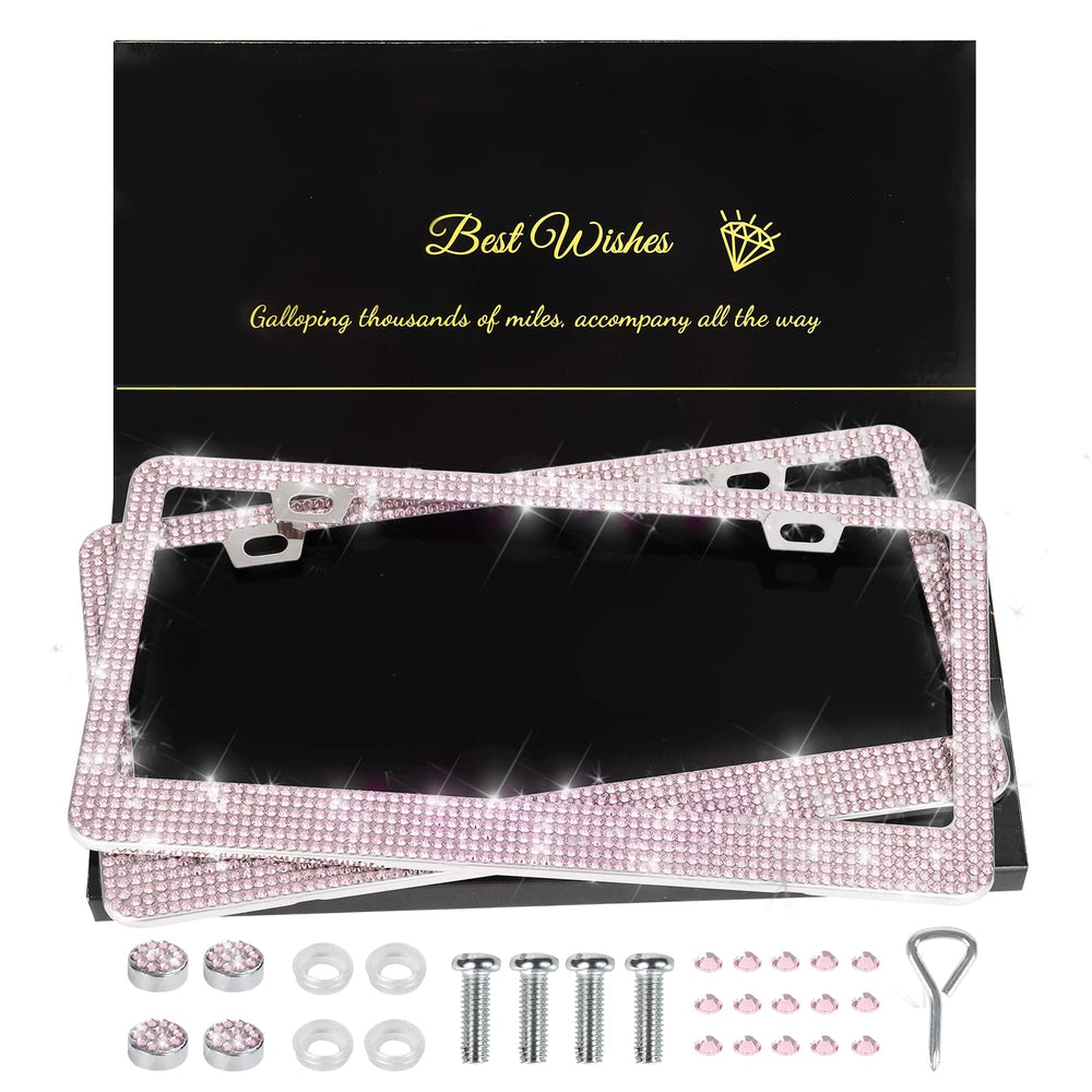 QUANQIUFEI pink bling license frame close-up with rhinestones for radiant sparkle