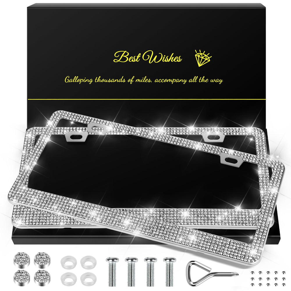 QUANQIUFEI bling license frame front view with crystal rhinestones for a bold look.