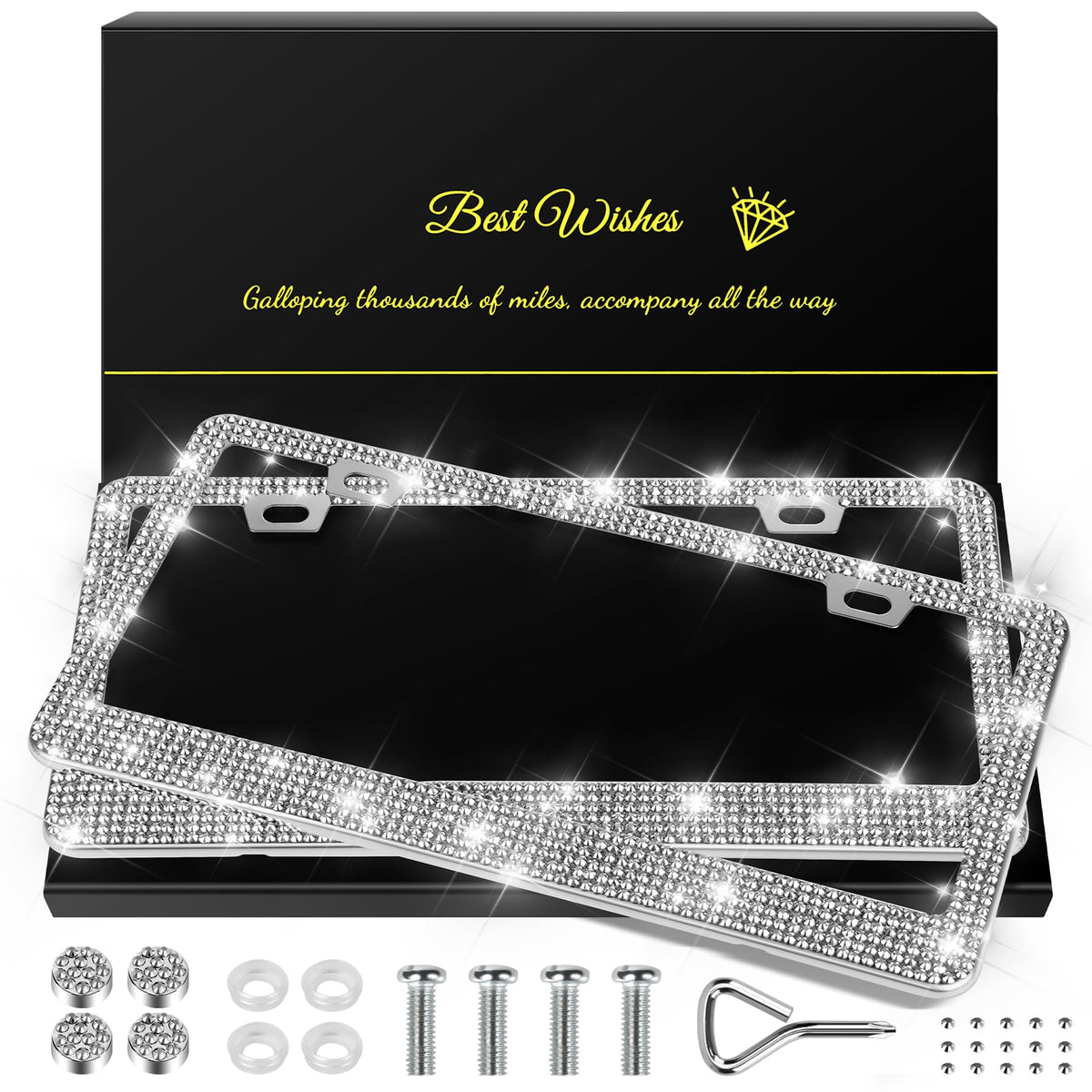 QUANQIUFEI bling license frame front view with crystal rhinestones for a bold look.