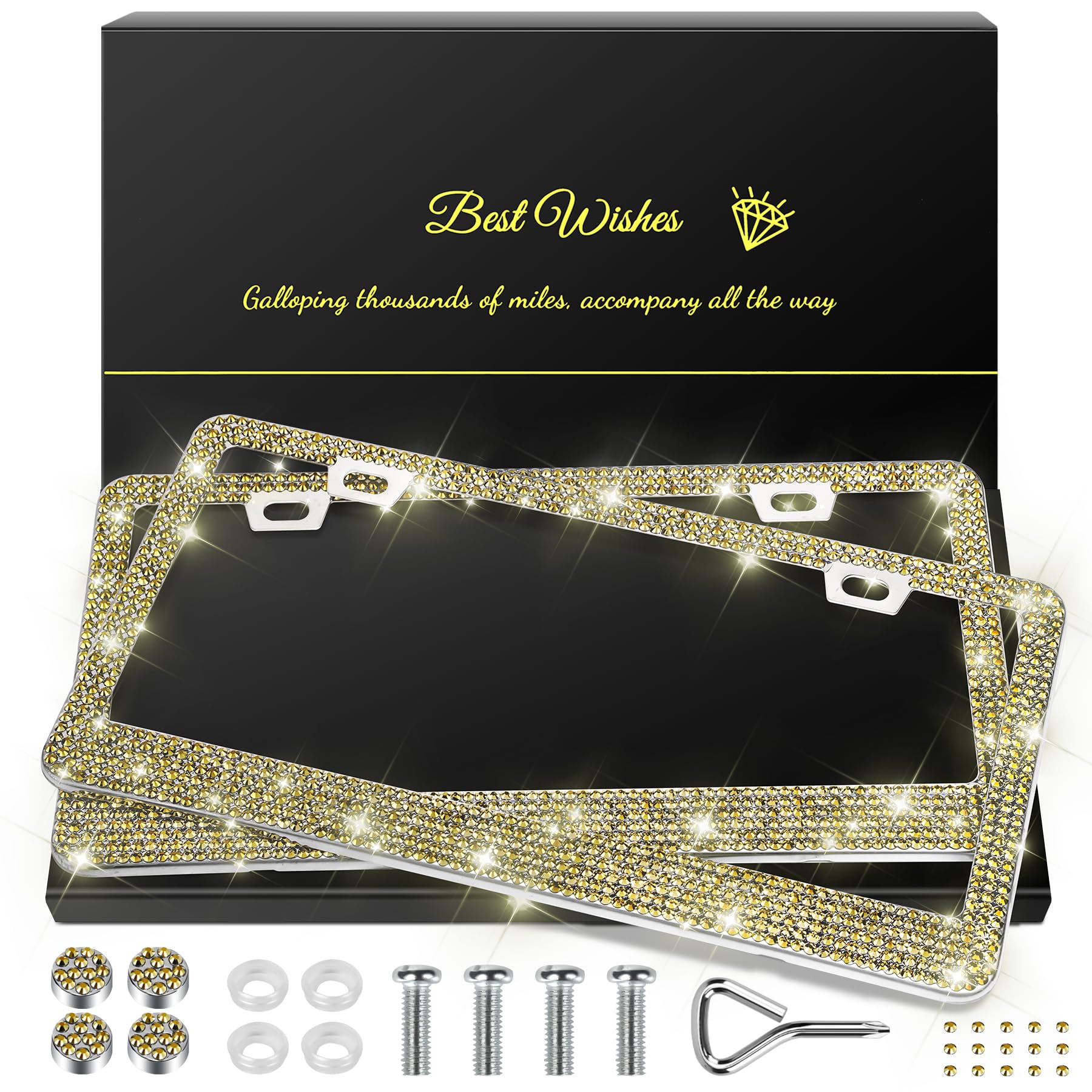 QUANQIUFEI bling license frame gold set shines on vehicles with durable stainless steel
