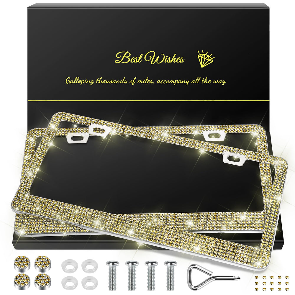 QUANQIUFEI bling license frame gold set shines on vehicles with durable stainless steel