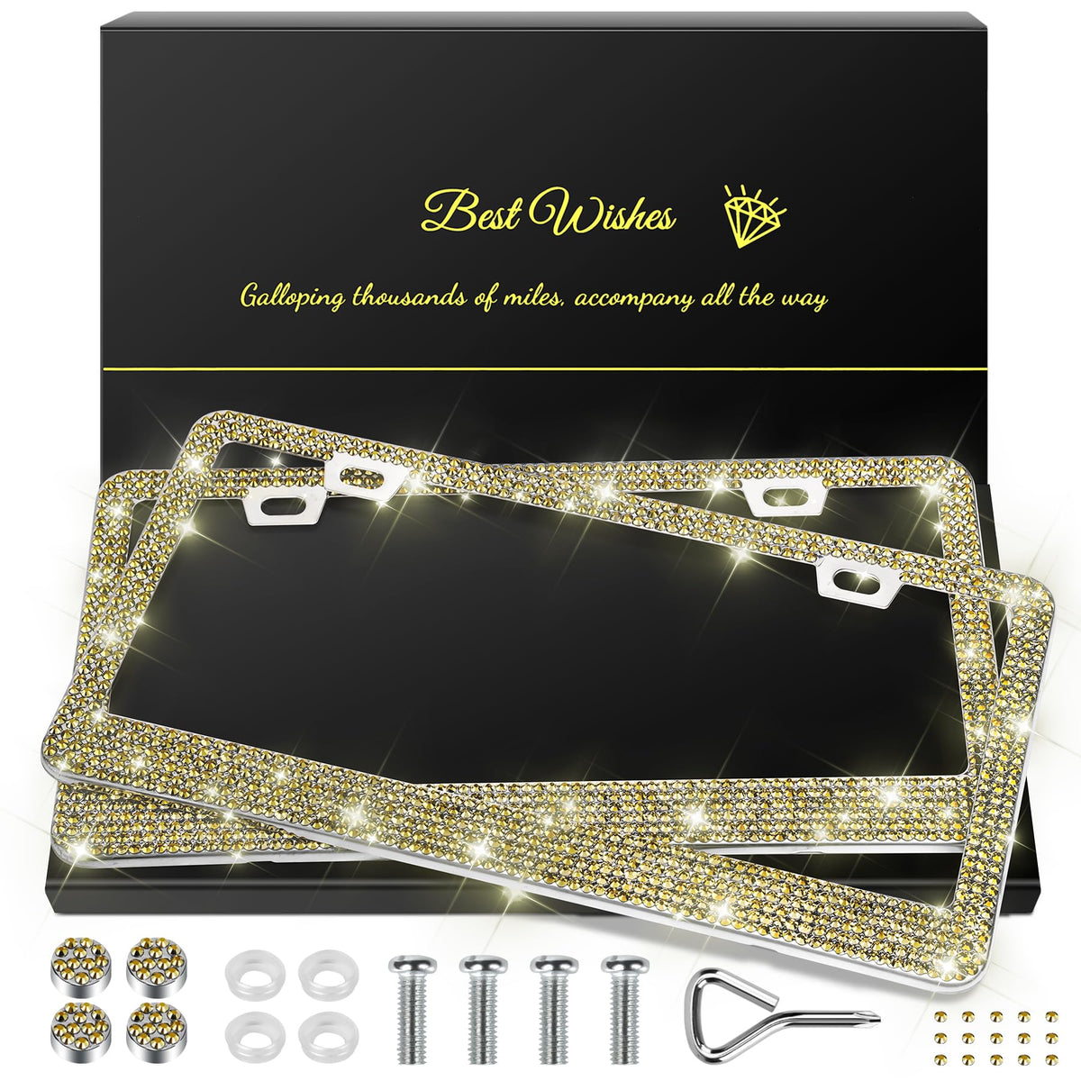 QUANQIUFEI bling license frame gold set shines on vehicles with durable stainless steel