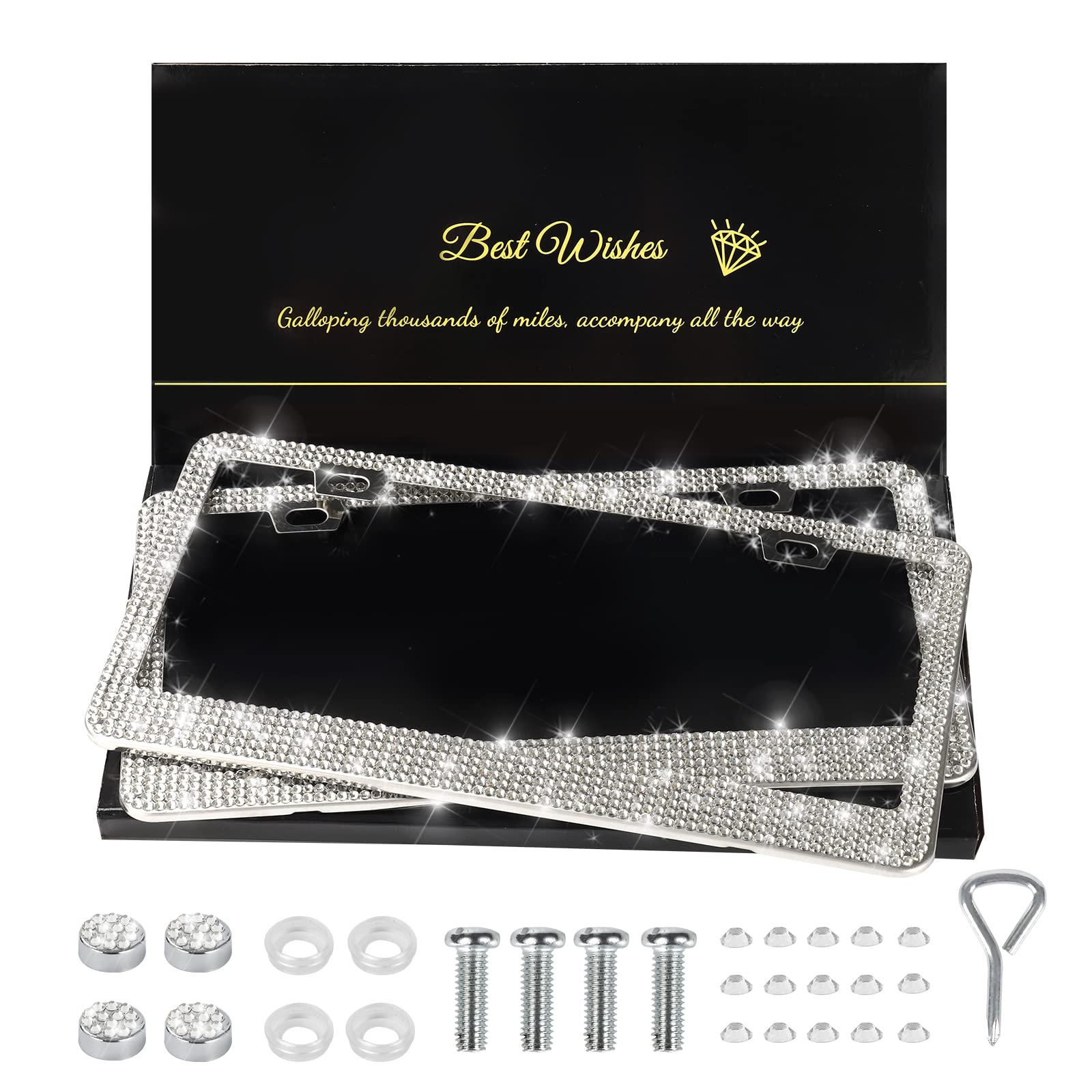 QUANQIUFEI bling license plate frame with white sparkle enhances car style.