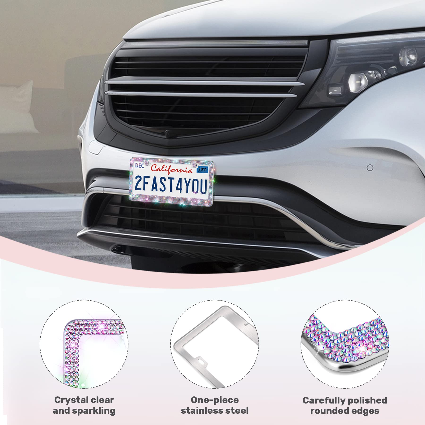QUANQIUFEI stainless steel frame for standard US plates shown in sunlight