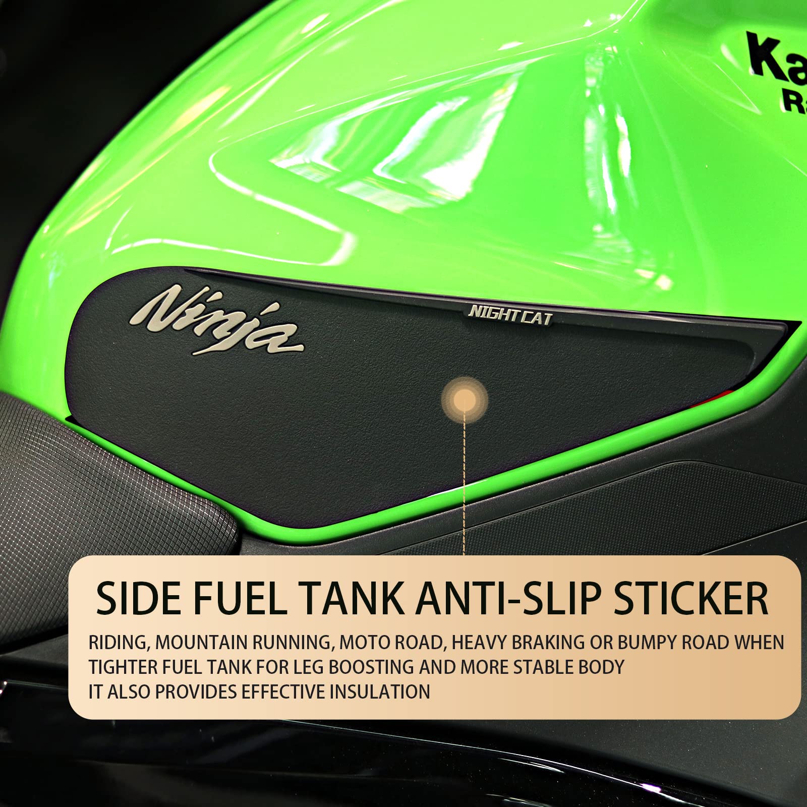 QUANT tank pad kit installed on Ninja 400 adds stylish protection.