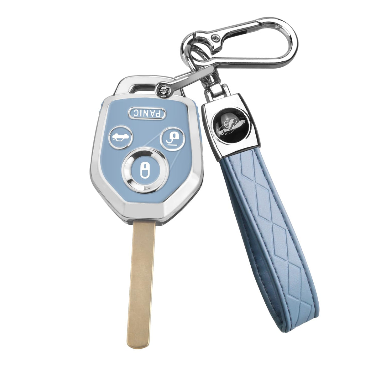 QBUC Subaru key fob cover in chrome blue front view protecting buttons and grip