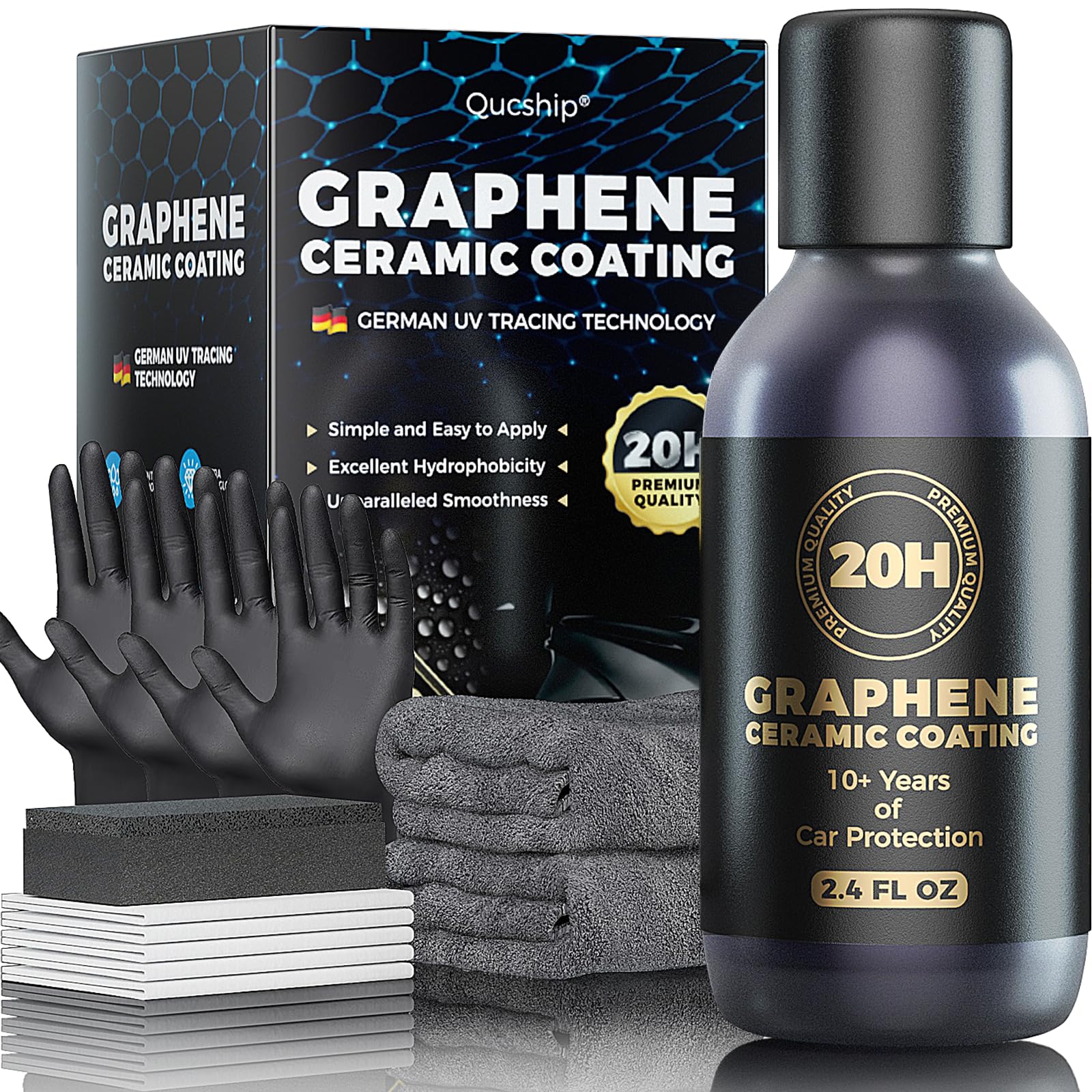 Qucship 20H graphene ceramic bottle showing premium protection for car paint