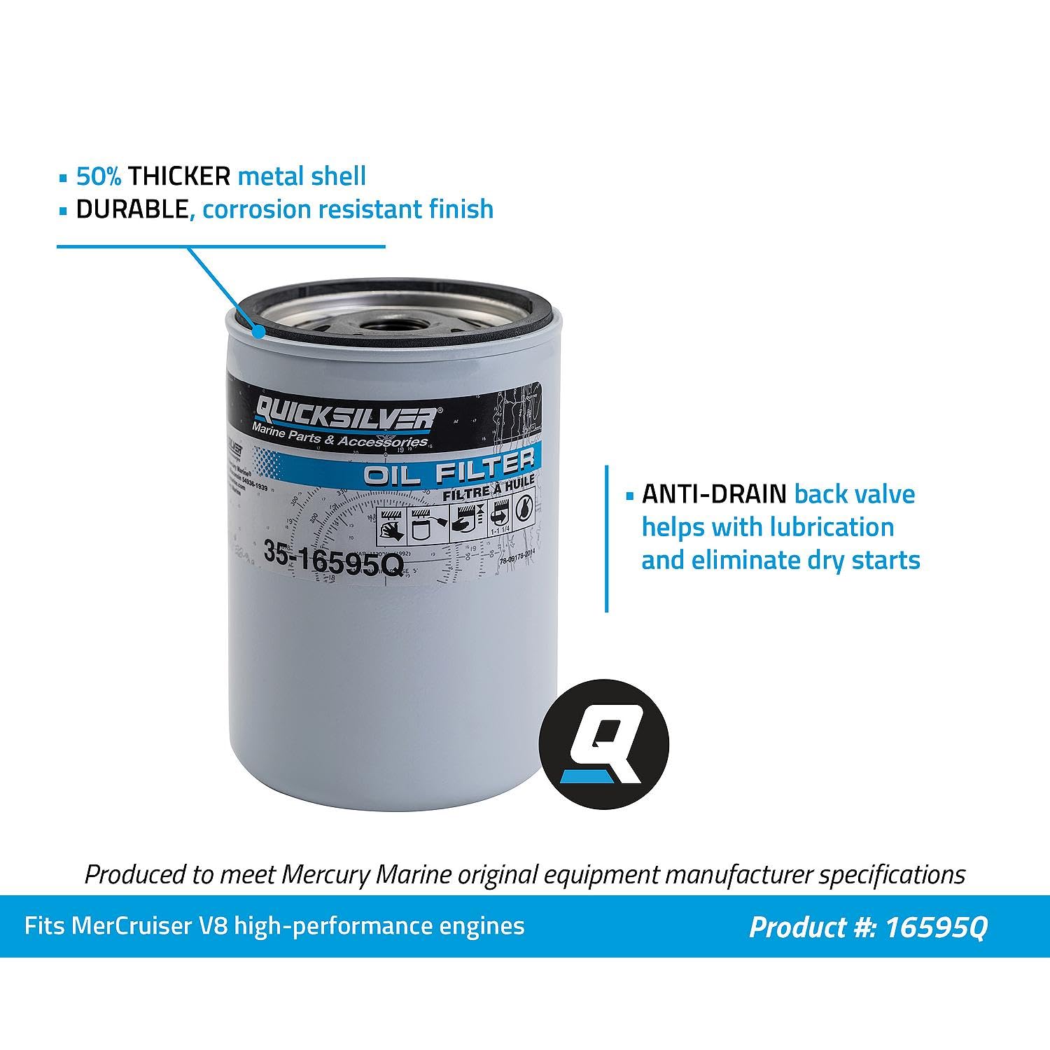 Quicksilver OEM-spec oil filter supports MerCruiser engine protection and performance.