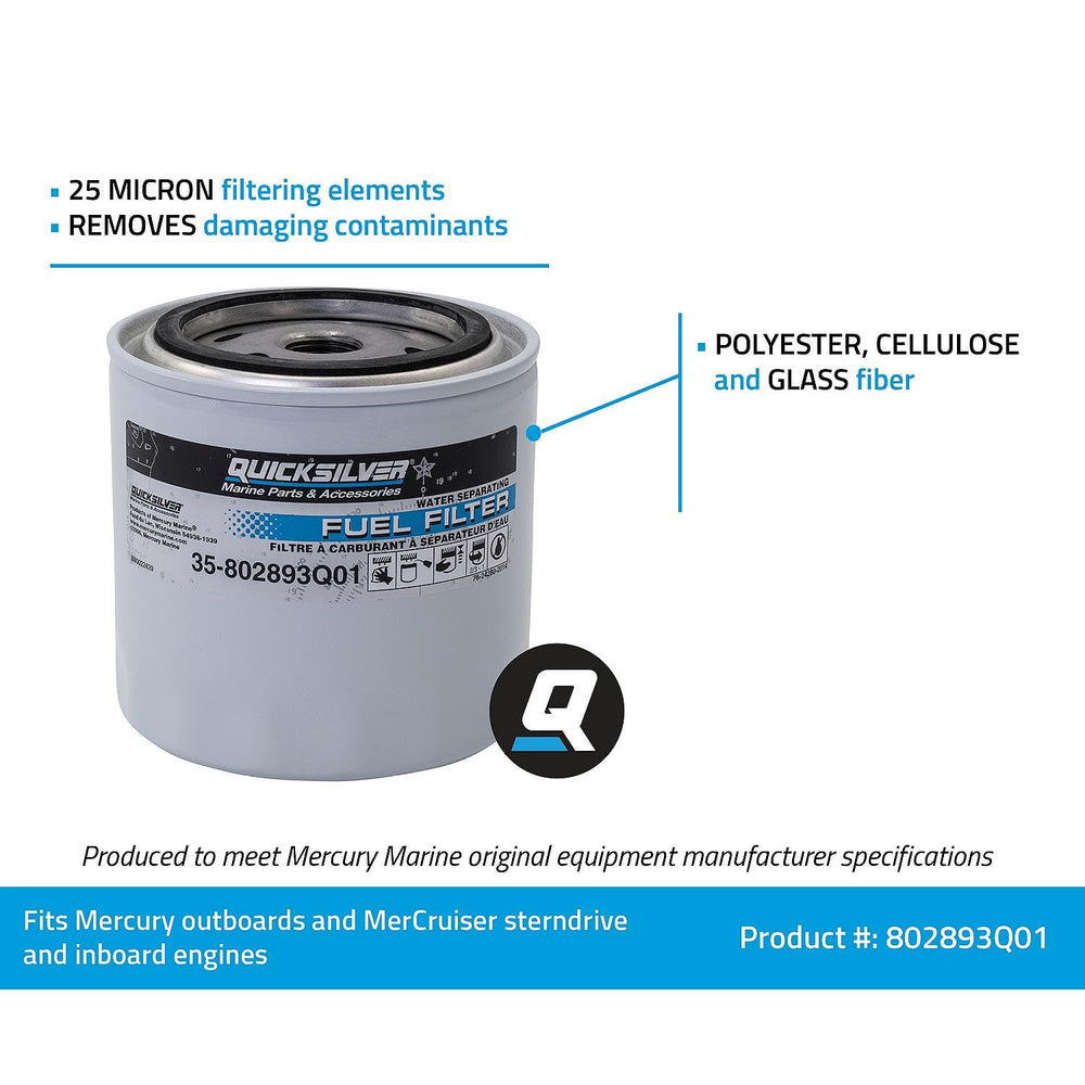 Quicksilver filter installed on a MerCruiser sterndrive system.