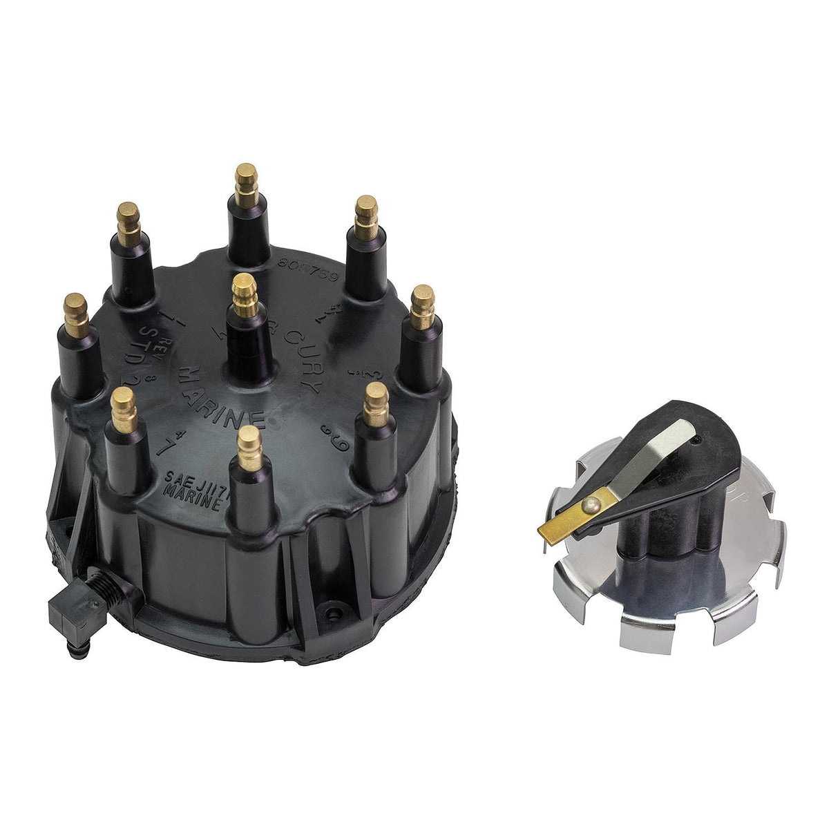 Quicksilver distributor cap for MerCruiser engines, blending PBT/PET for strength and reduced warpage.