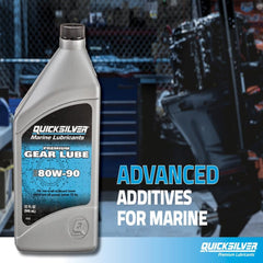 Quicksilver 80W-90 gear lube label close-up showing OEM specifications