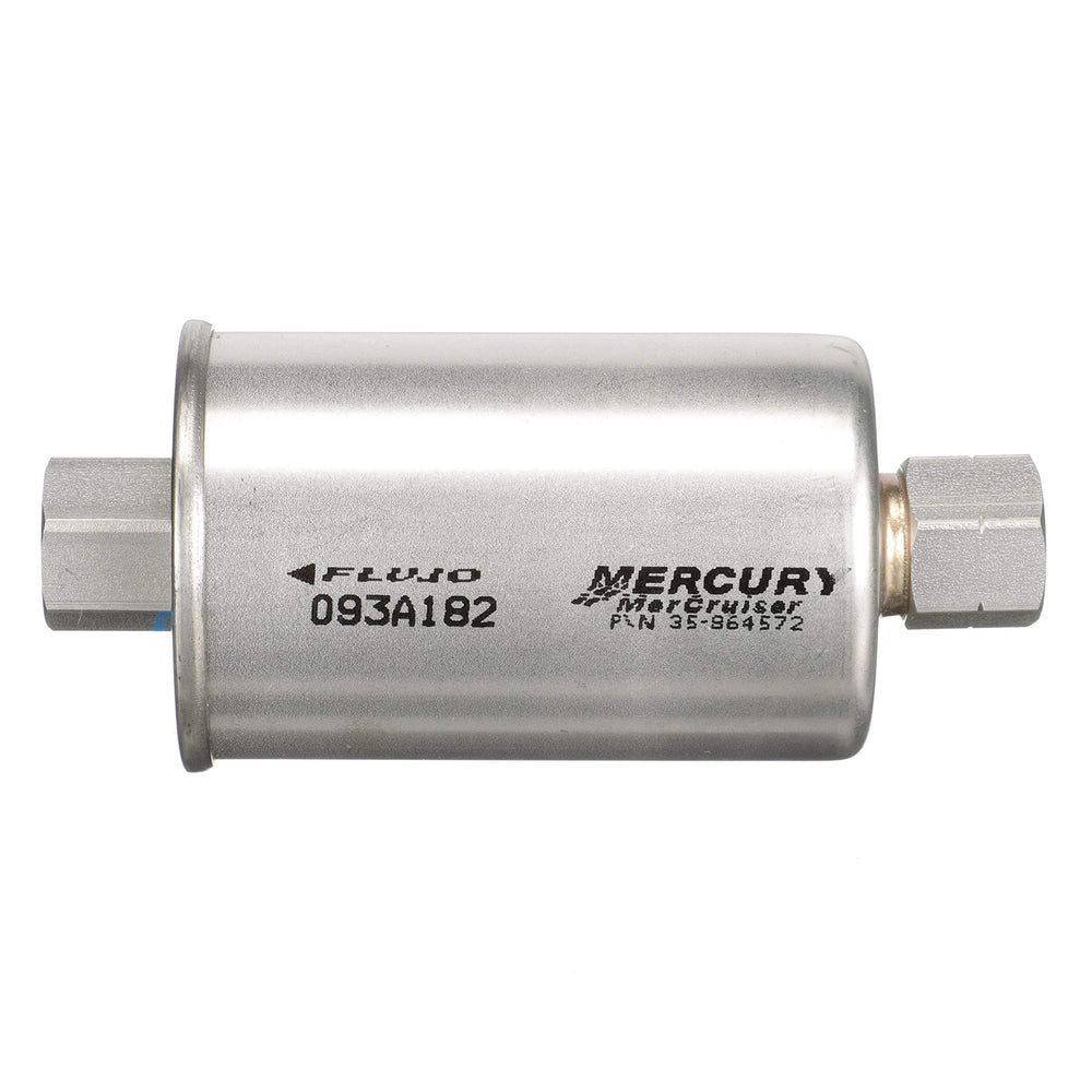 Quicksilver 864572 inline fuel filter shown protecting the boost pump from tank debris.