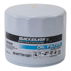 Quicksilver 877761Q01 oil filter front view enhances startup lubrication for Mercury outboards