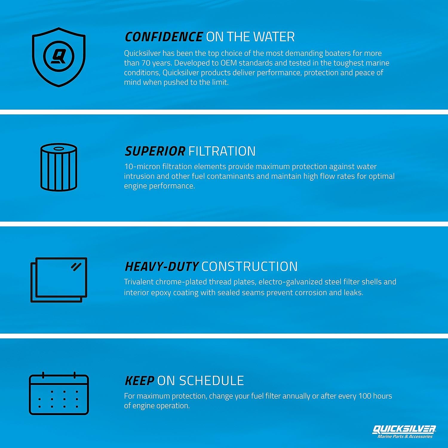 Quicksilver packaging highlights OEM-grade protection for marine engines.