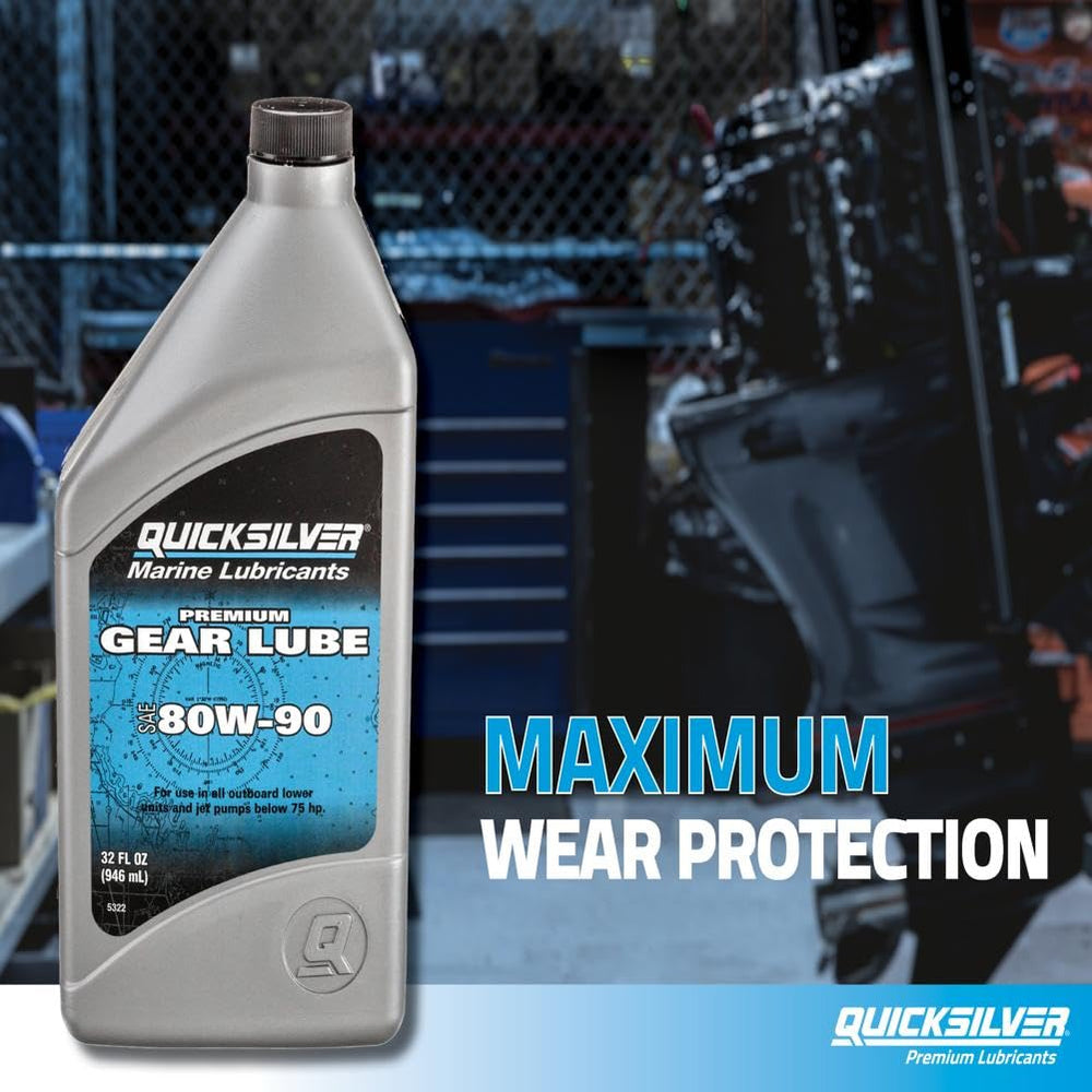 Quicksilver gear lube container on shelf ready for maintenance