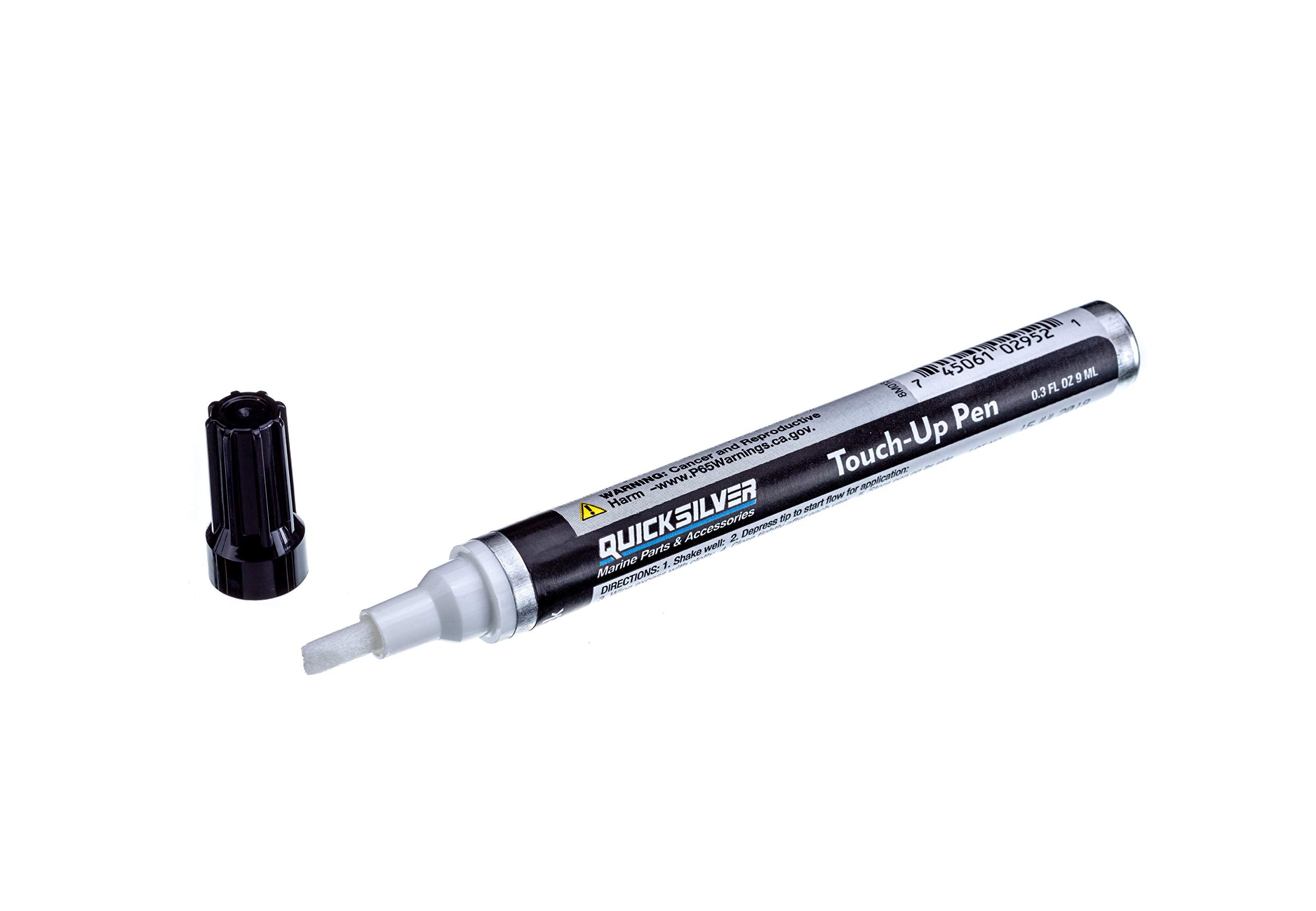 Quicksilver Phantom Black paint pen cap off for precise touch-ups on Mercury outboards