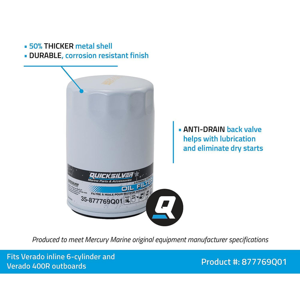 Quicksilver oil filter features a thick metal shell for added durability.