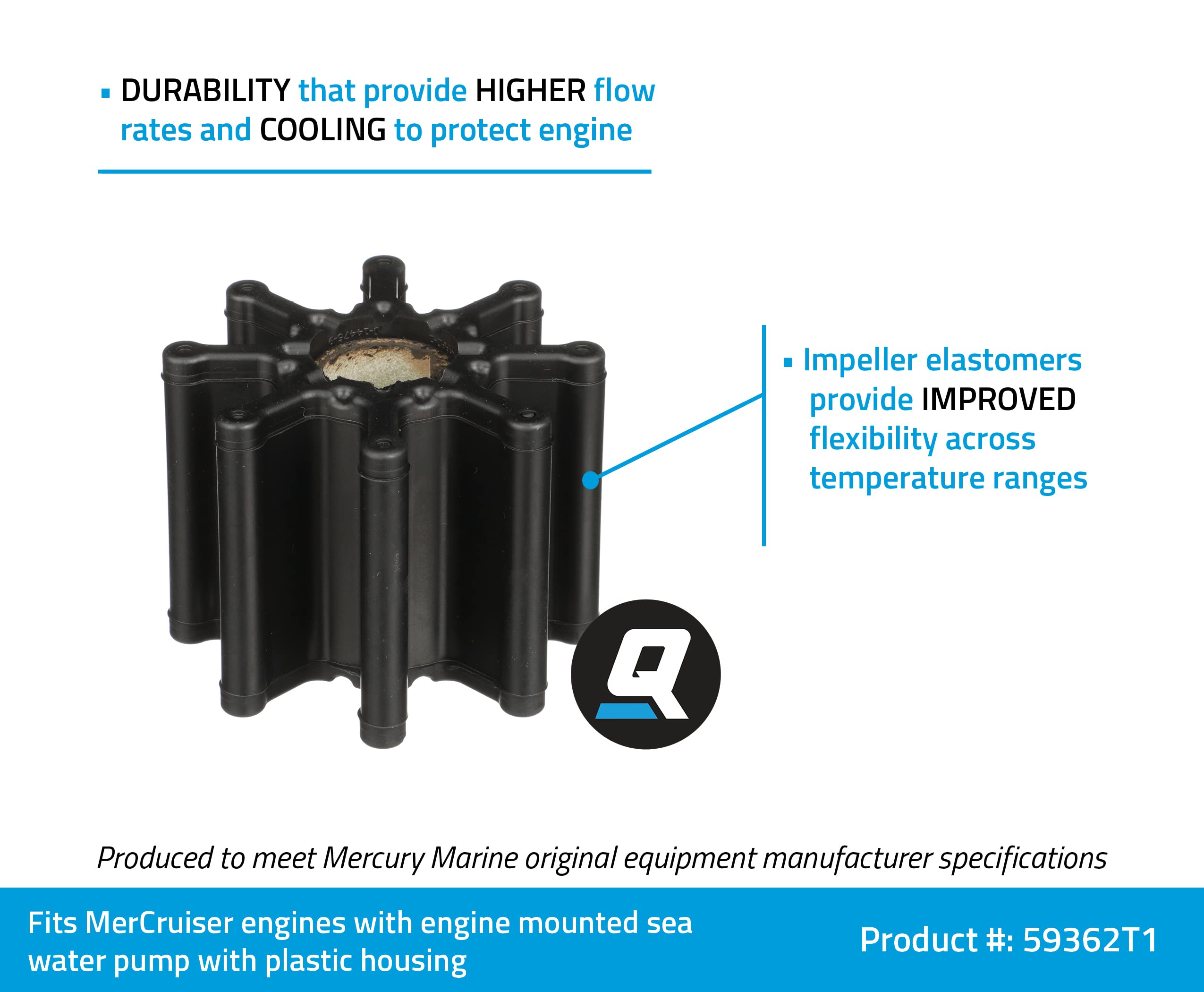 Quicksilver impeller with plastic housing, MerCruiser pump, designed to resist wear and maintain flow.