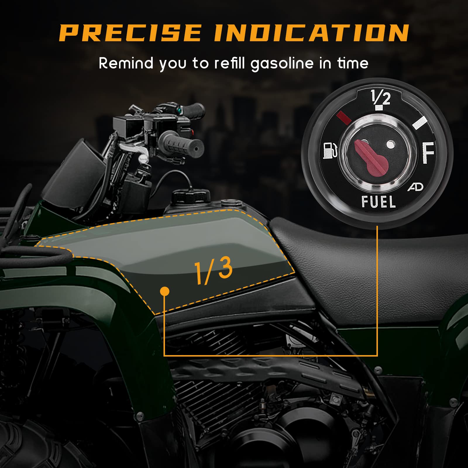 Close-up of QUICKWOLF fuel cap gauge highlighting tight lid and corrosion resistance.