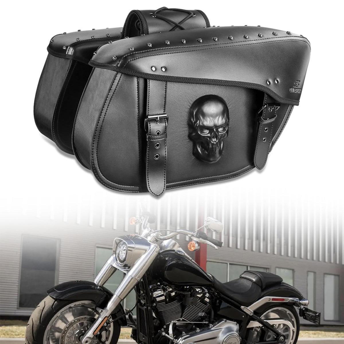 Quixofiber 3D skull badge on saddlebag for bold styling and durable protection.
